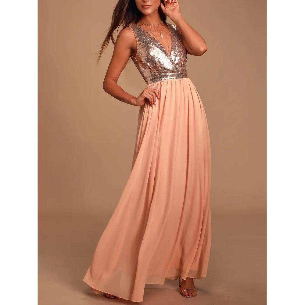 Rose Gold Sequin Long Maxi Dress Chiffon XS Lulu's
